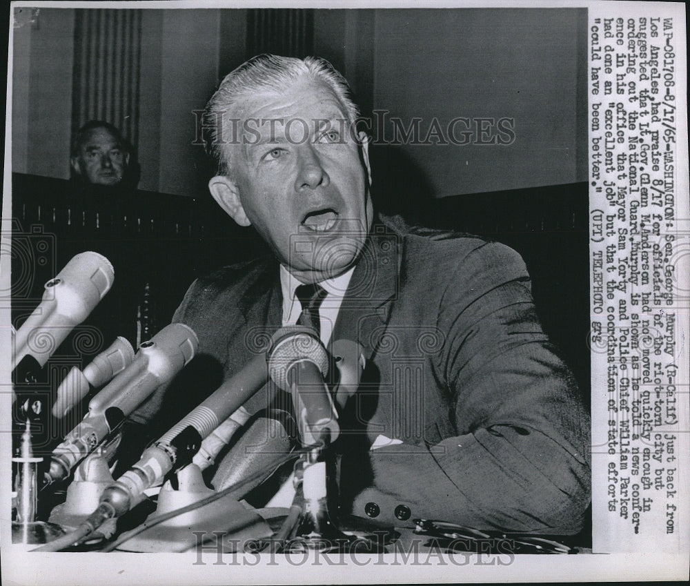 1965 Press Photo Sen. George Murphy of Calif. at press conference at his office. - Historic Images