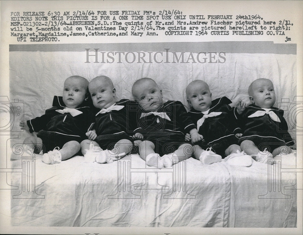 1964 Press Photo Fischer Quintuplets Turn 5 Months Old - Historic Images