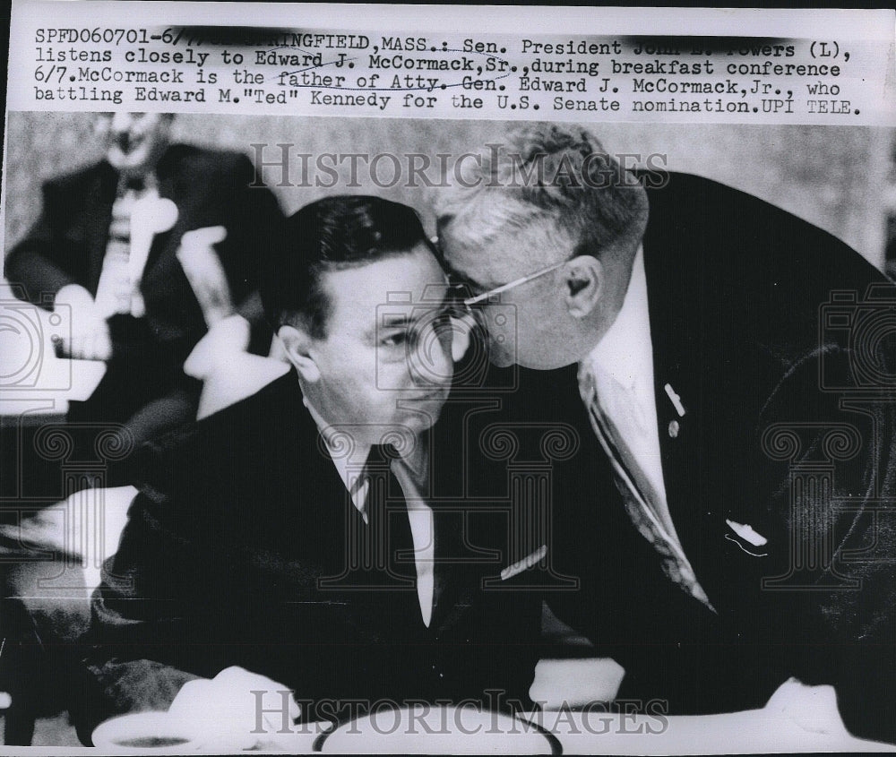 1962 Press Photo Sen. President John Powers, Edward J. McCormack, Sr. - Historic Images