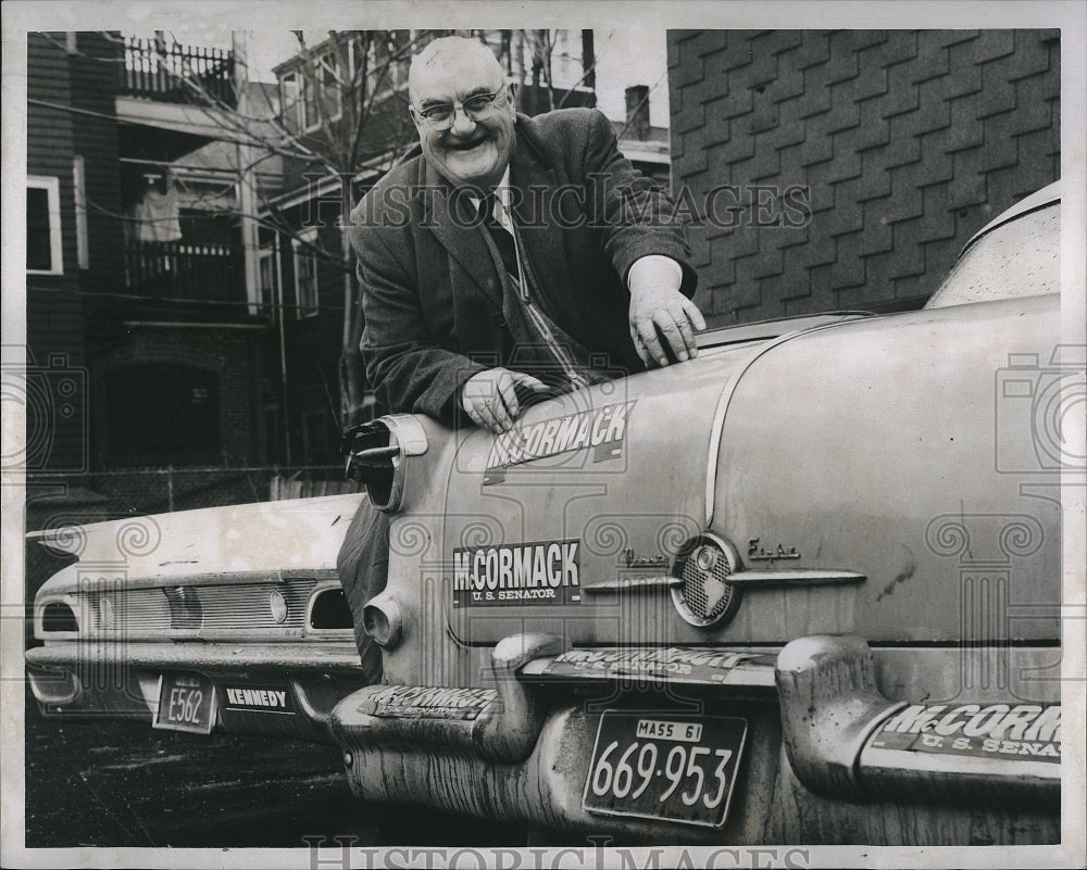 1962 Press Photo Edward "Knocko" McCormack's Father Places Bumper Sticker on Car - Historic Images