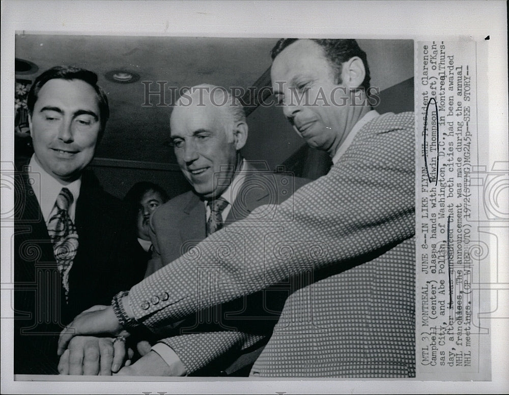 1972 Press Photo NHL President Clarence Campbell with Edwin Thompson, Abe Pollin - Historic Images