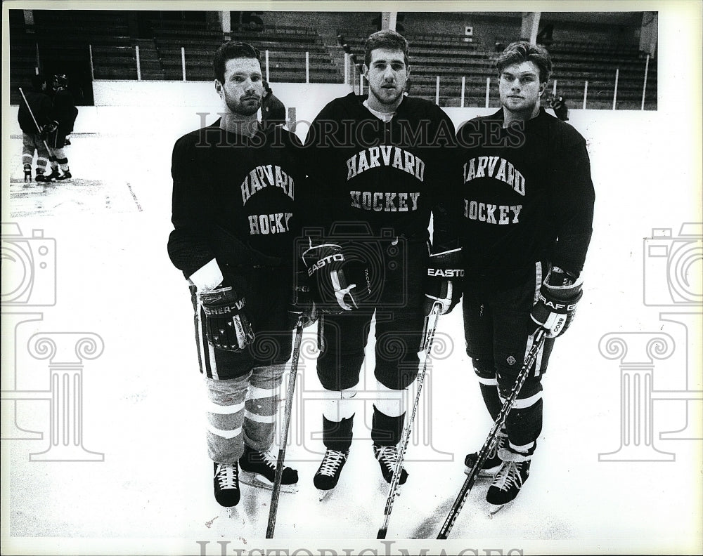 1994 Press Photo Sean McCann, Lou Body & Derek McGuire in Harvard Hockey - Historic Images