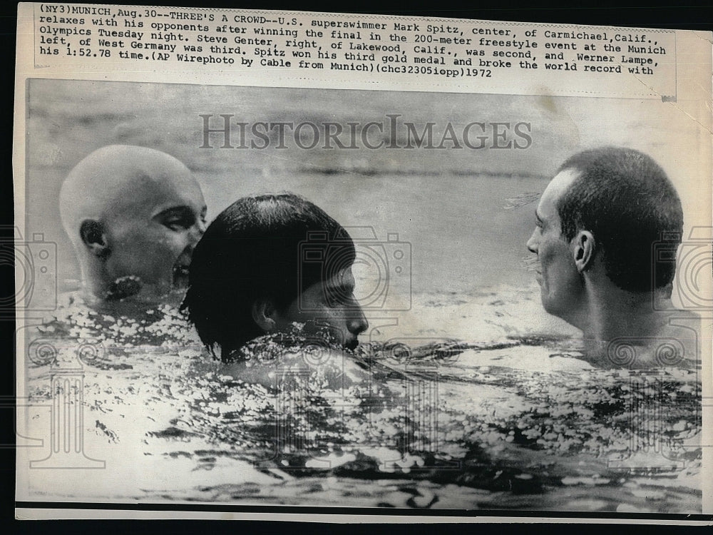 1972 Press Photo Mark Spitz, Steve Genter, Werner Lampe, Swimmers - Historic Images