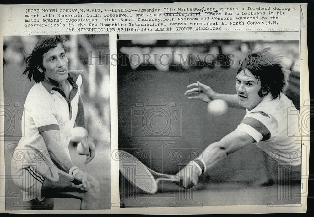 1975 Press Photo Ilie Nastase tennis match w/ Colin Dowdeswell & Jimmy Connors - Historic Images