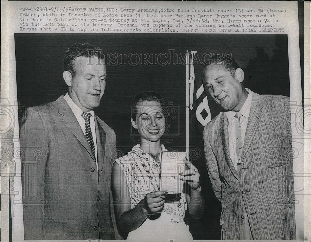 1958 Press Photo Terry Brennan Notre Dame football coach &amp; Ed Crause Athletic - Historic Images