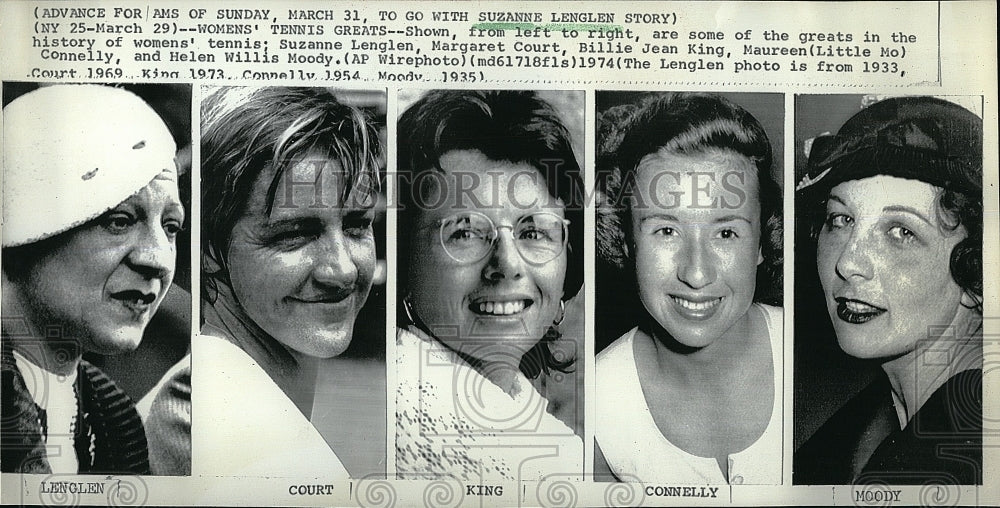 1974 Press Photo Women&#39;s Tennis greats; Suzanne Lenglen, Margaret Court, Billie - Historic Images