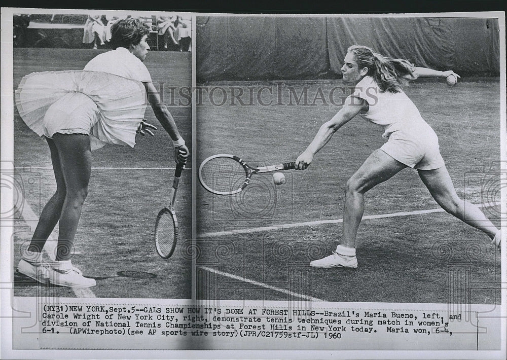 1960 Press Photo Tennis Player Maria Bueno & Carole Wright During Match - Historic Images