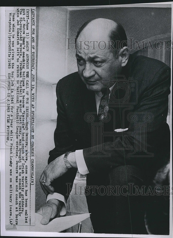 1963 Press Photo Hugh Devore, Interim Head Coach of Notre Dame - Historic Images