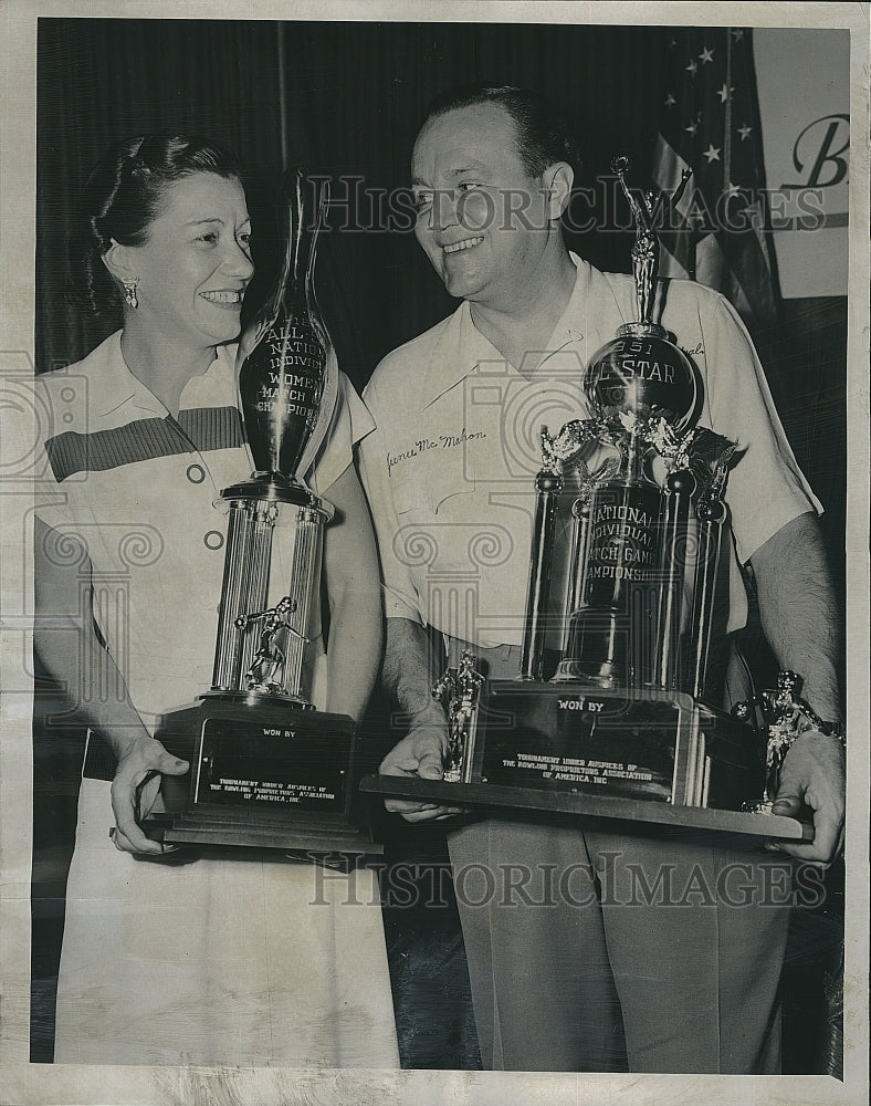 1951 Press Photo Mrs. Marion Ladewig, Junie McMahon, National All-Star Bowling - Historic Images