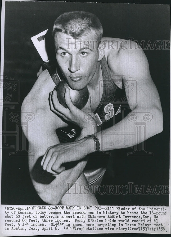 1956 Press Photo Shot putter Bill Neder of U of Kansas - Historic Images