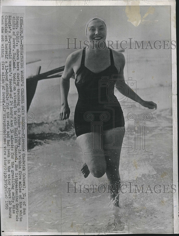 1950 Press Photo Florence Chadwick Training in France Swim English Channel - Historic Images