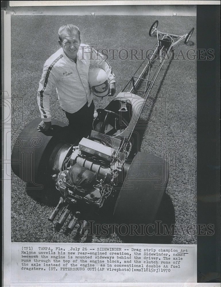 1970 Press Photo Drag Strip Champion Art Malone rear engine creation Sidewinder - Historic Images