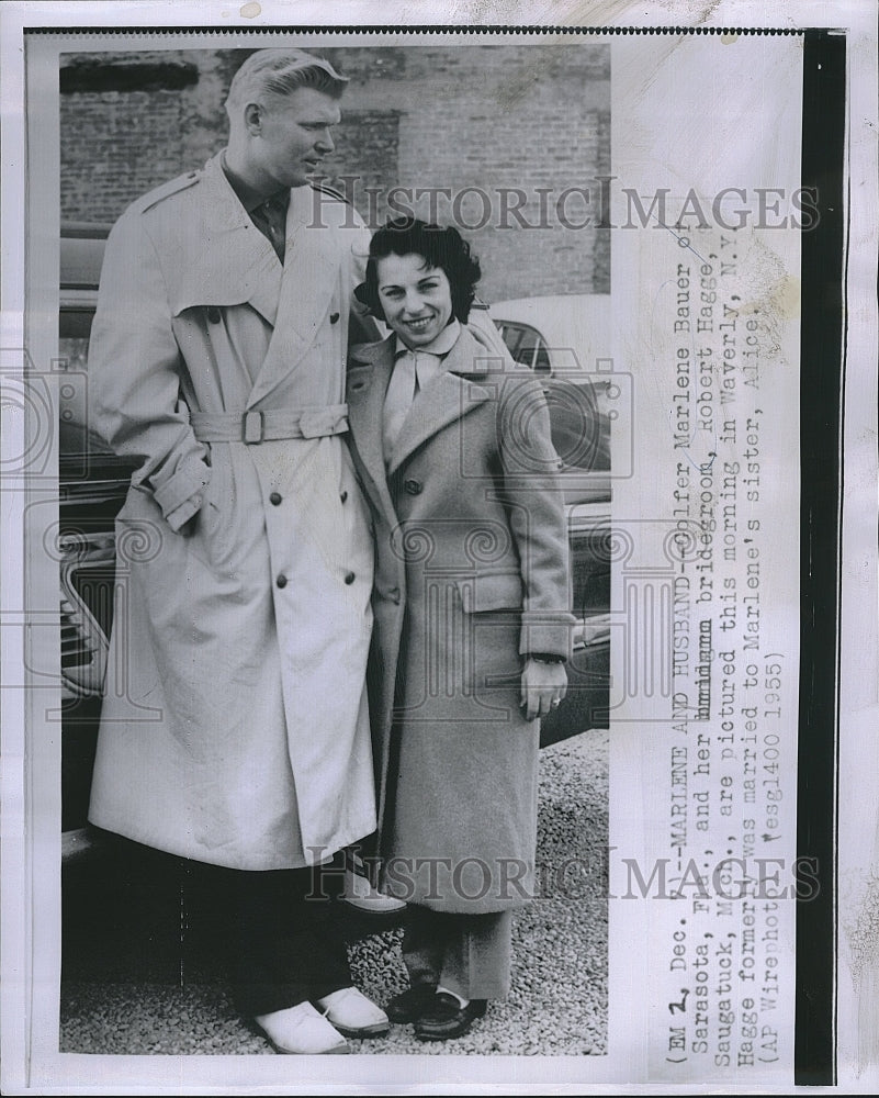 1955 Press Photo Marlene Bauer,highest paid golfer with bridegroom Robert Hagge - Historic Images