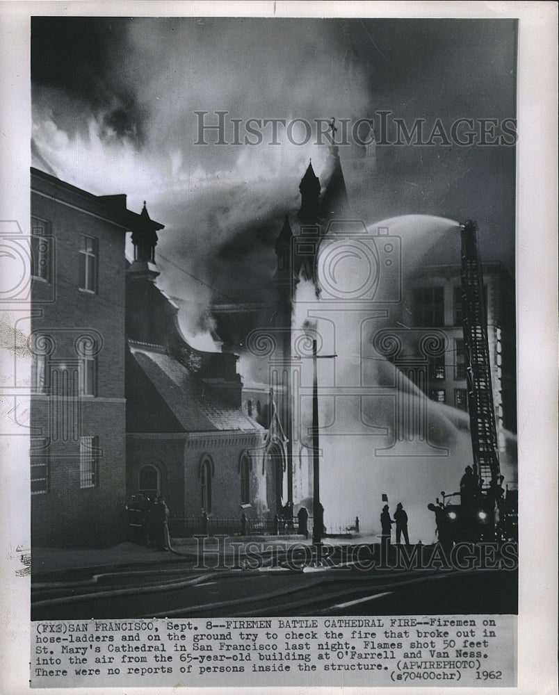 1962 Press Photo Firemen Try to Fight Flames at St. Mary&#39;s Cathedral - Historic Images