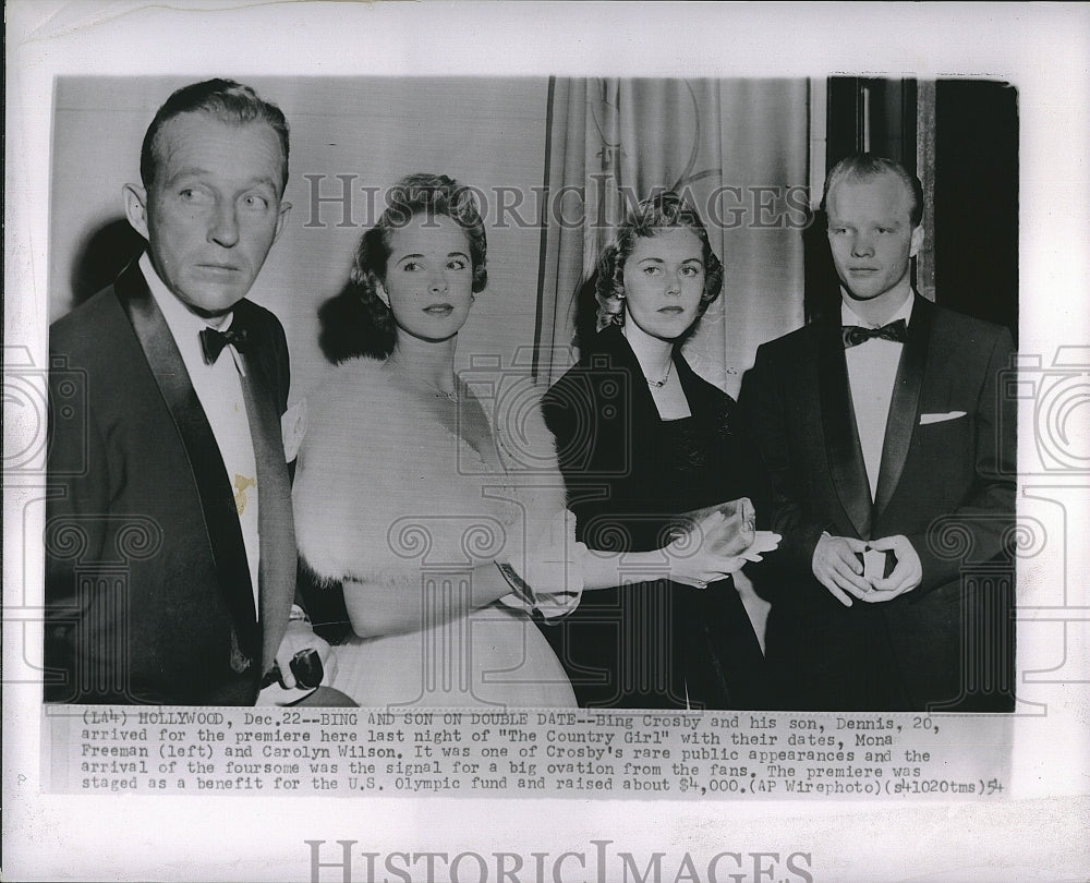 1954 Press Photo Bing Crosby, Carolyn Wilson at premiere of &quot;The Country Girl&quot; - Historic Images