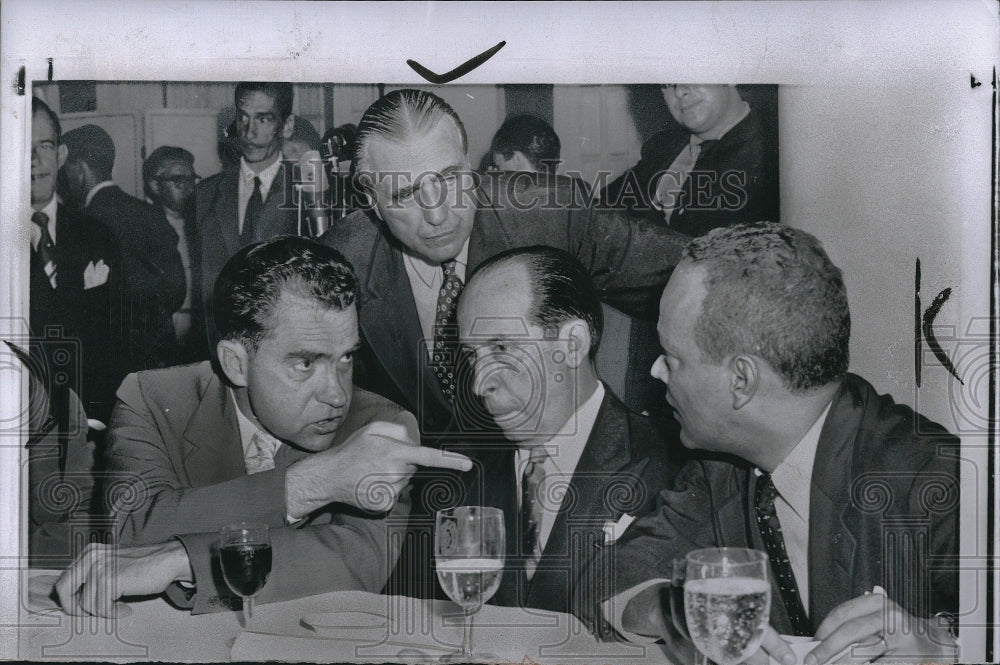 1956 Press Photo US VP Richard Nixon speaks w/ Jose Maria Alkmin new Brazilian - Historic Images