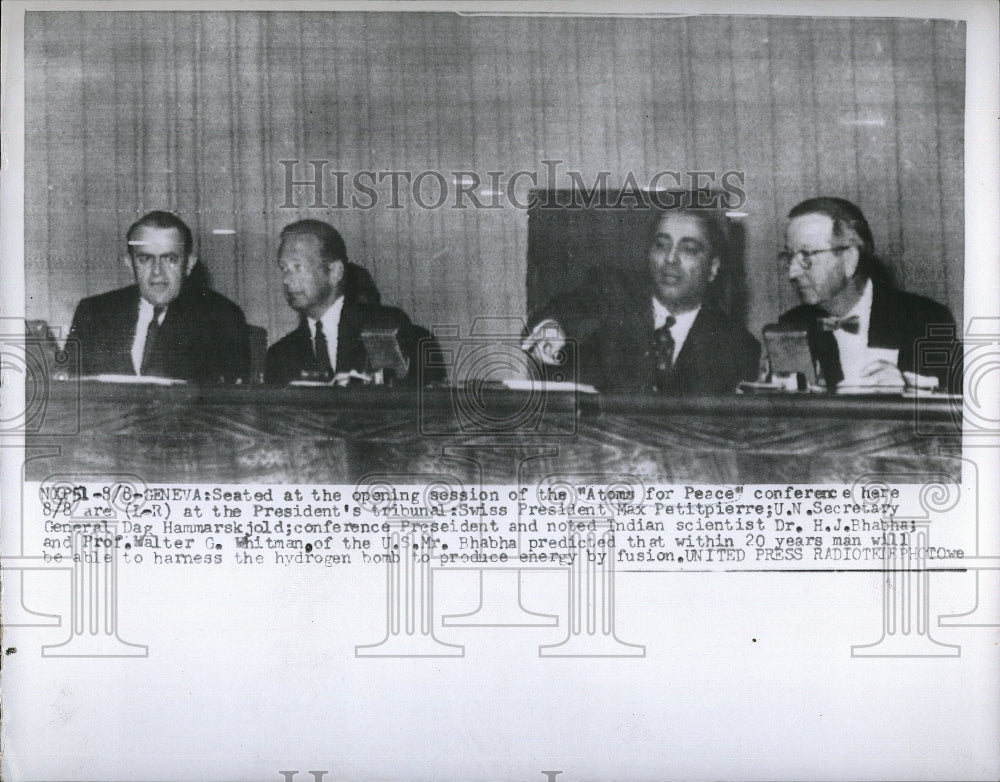 1955 Press Photo Dr HJ Bhabha,Dag Hammarskjold,Walter Whitman - Historic Images