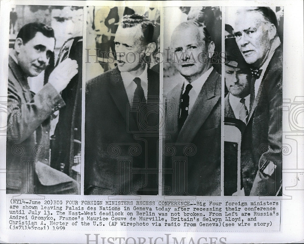 1959 Press Photo Andrei Gromyko,Maurice Couve De Murville,Selwyn Lloyd in Geneva - Historic Images