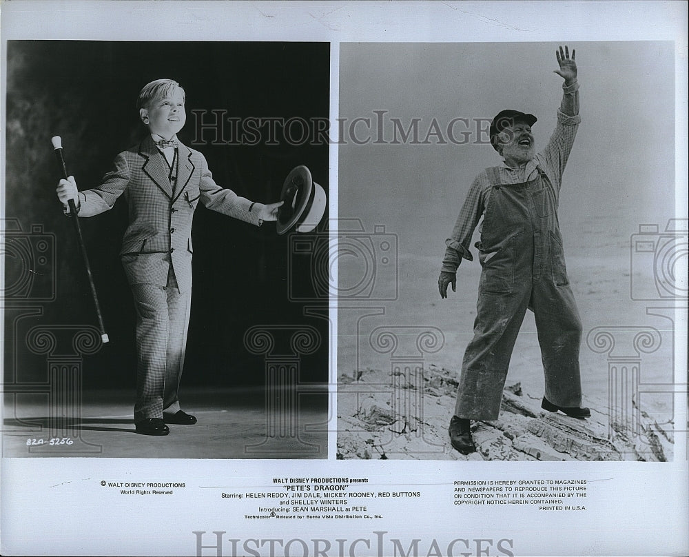 1977 Press Photo Mickey Rooney Age 11 (L) Now (R) in "Pete's Dragon" - Historic Images