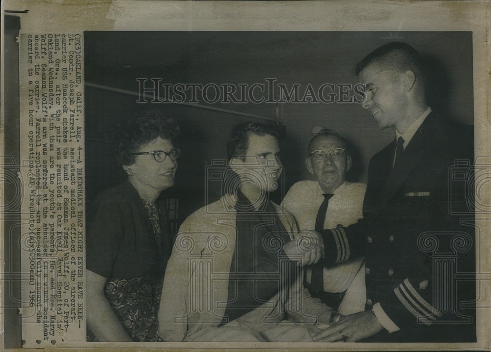 1966 Press Photo Seaman James Wolff has arm re-attached after accident on ship - Historic Images