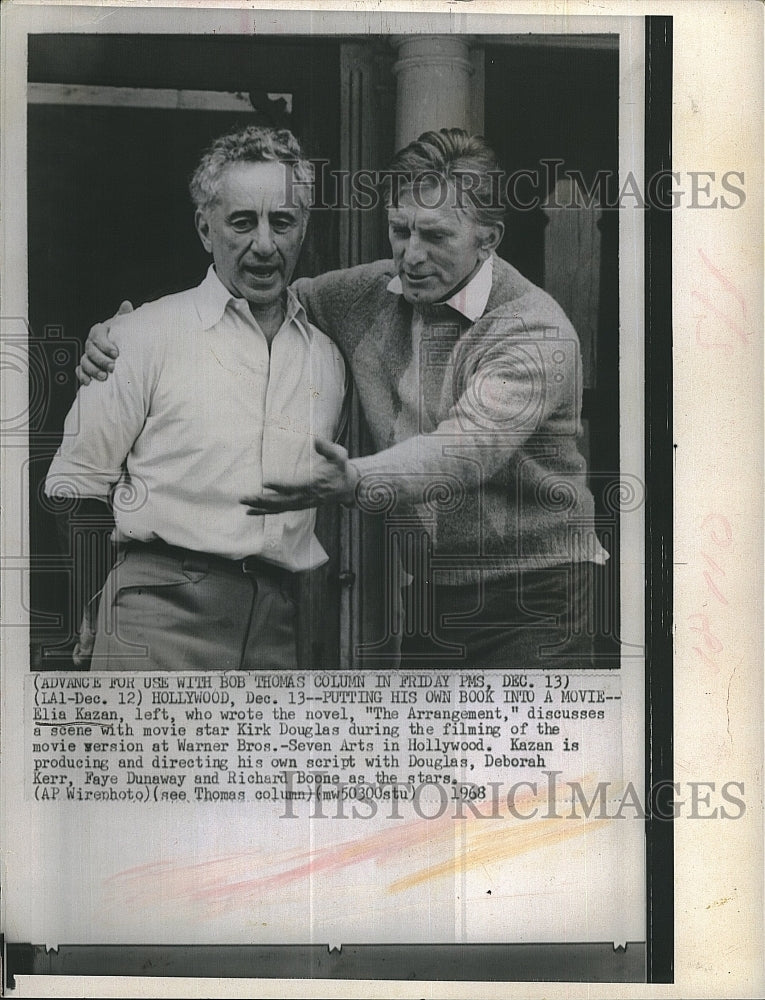 1968 Press Photo author Elia Kazan and actor Kirk Douglas on set of movie - Historic Images