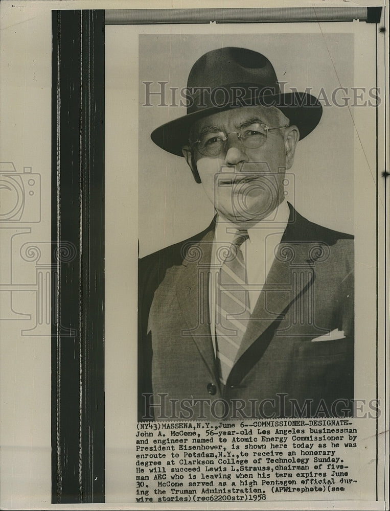 1958 John A. McCone Recipient Of Five-man Atomic Energy Commission - Historic Images