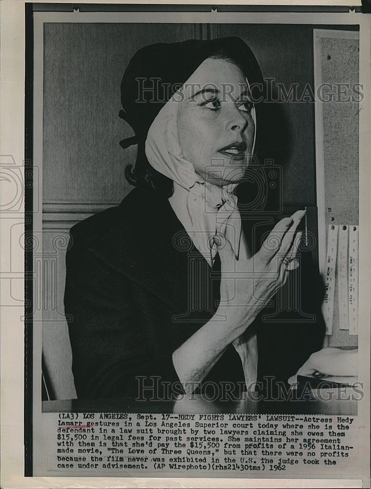 1962 Press Photo Hedy Lamarr Actress Fights Suit Los Angeles Superior Court - Historic Images