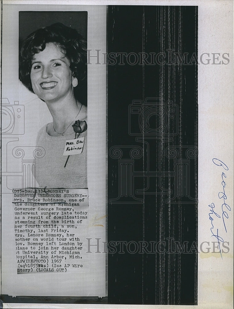 1967 Press Photo Daughter of Gov George Romney Mrs Bruce Robinson - Historic Images