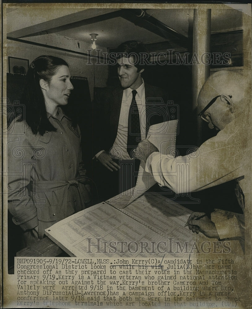 1972 Press Photo Congressional Candidate John Kerry &amp; his wife Julia - Historic Images