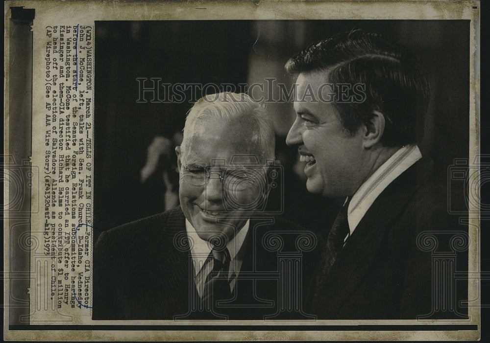 1973 Press Photo Former CIA Director John J McCone Senator Frank Church D-Idaho - Historic Images