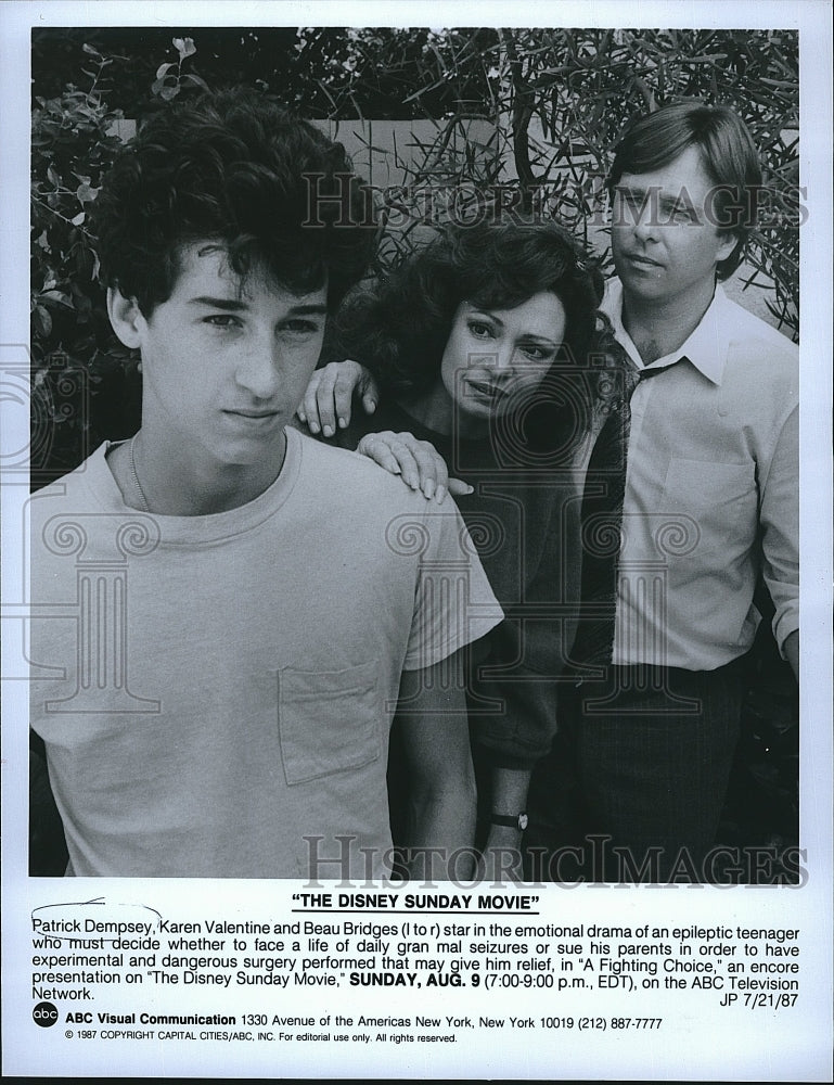 1987 Press Photo Patrick Dempsey, K. Valentine, B. Bridges &quot;A Fighting Choice&quot; - Historic Images