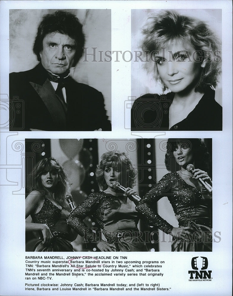 1991 Press Photo Barbara Mandrell, Johnny Cash, Louise and Irlene Mandrell - Historic Images