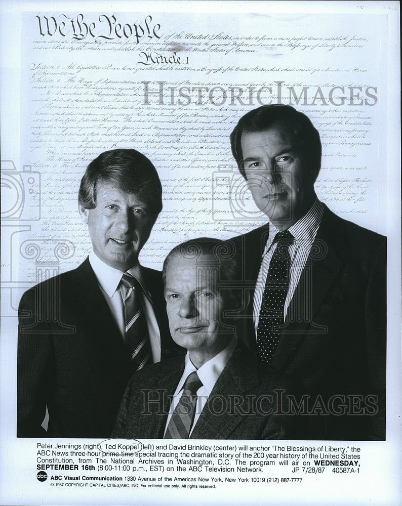 1987 Press Photo Peter Jennings, Ted Koppel, David Brinkley, TV ABC News Anchors - Historic Images