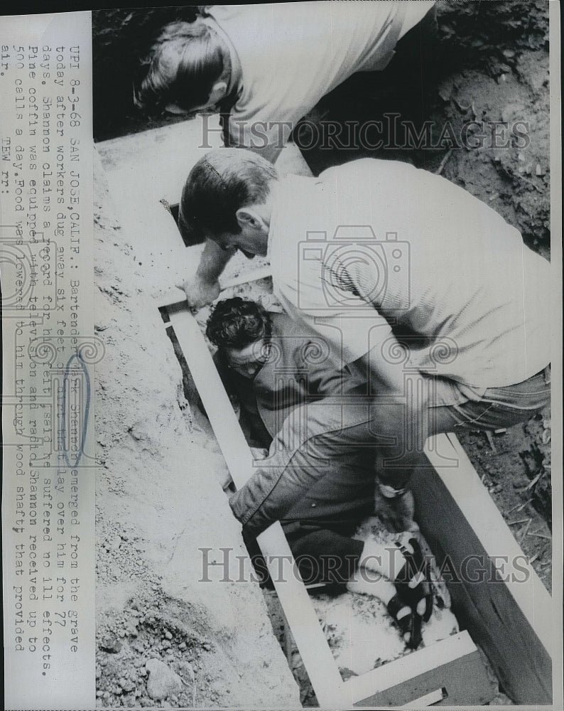 1968 Press Photo Bartender Mark Shannon emerged from the grave for days. - Historic Images