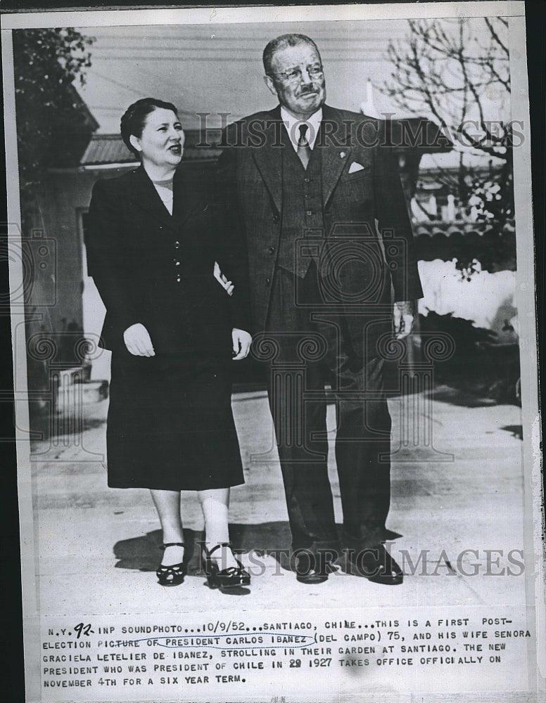 1952 Press Photo President Carlos Ibanez, wife Graciela Letelier de Ibanez - Historic Images