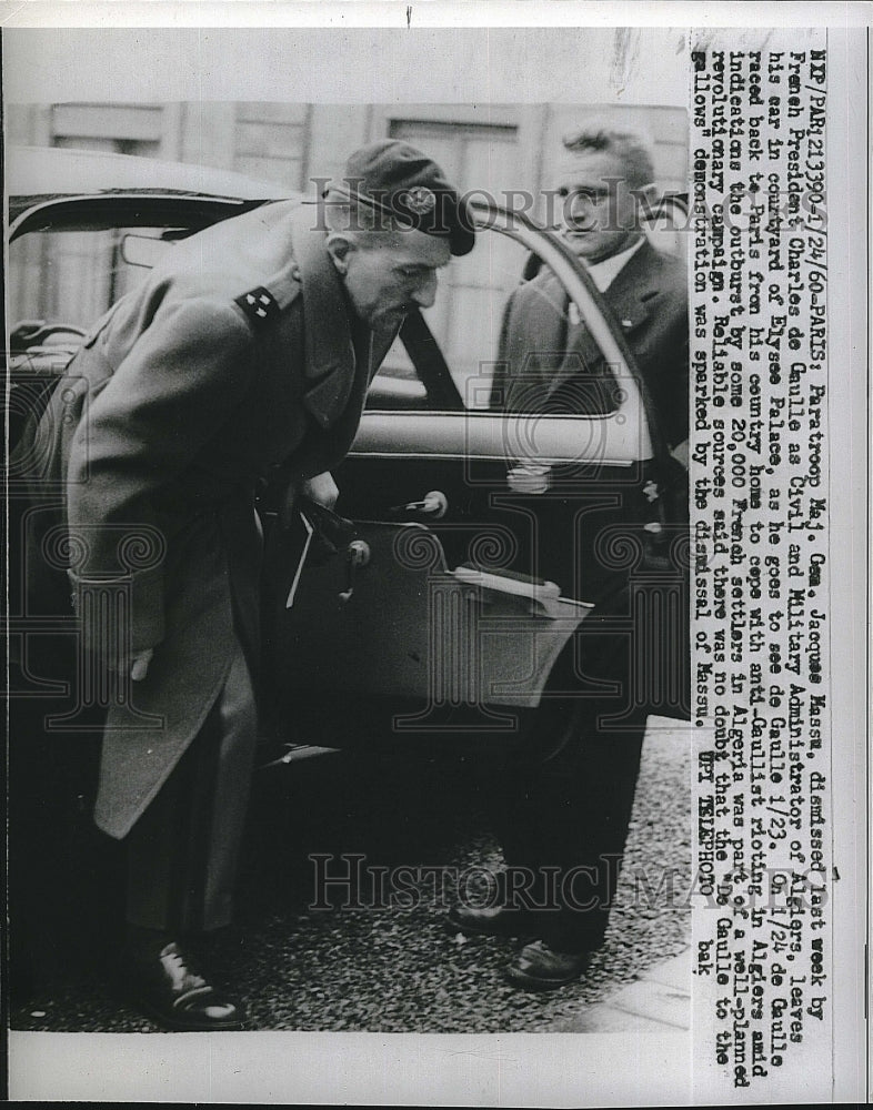 1960 Press Photo Maj Gen Jacques Massu Dismissed As Algiers Administrator - Historic Images