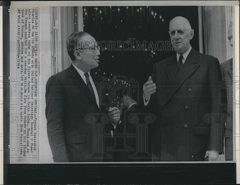 1964 Press Photo French Pres Charles de Gaulle & UN Sec Gen U Thant - Historic Images