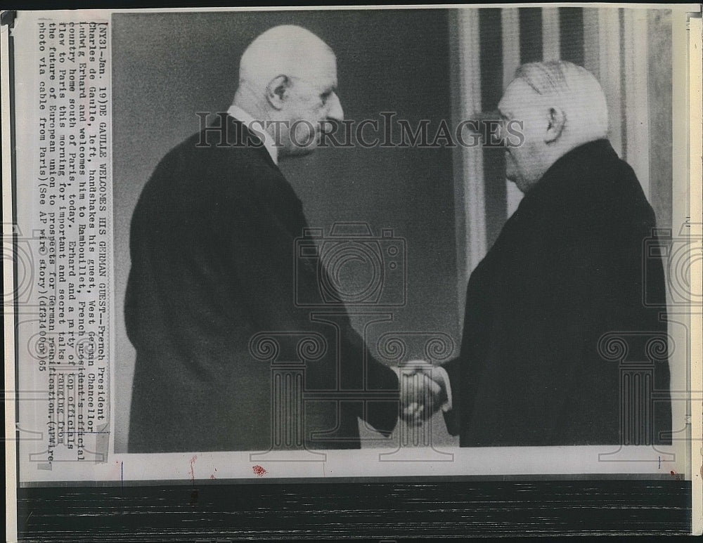 1965 Press Photo French Pres Charles de Gaulle &amp; W German Ludwig Erhard - Historic Images