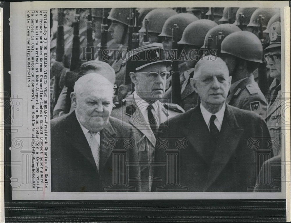 1964 Press Photo French Pres Charles de Gaulle  &amp; W German Ludwig Erhard - Historic Images