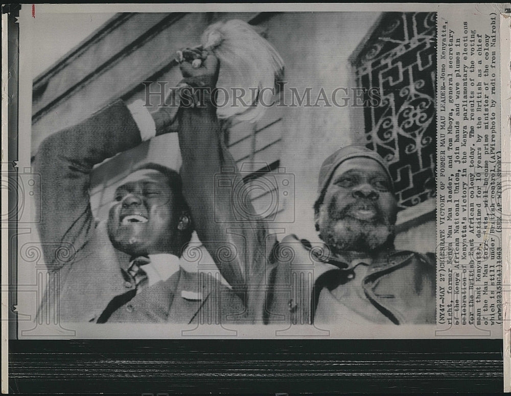 1963 Press Photo Jomo Kenyatta, Tom Mboya, Celebrate Election Victory - Historic Images