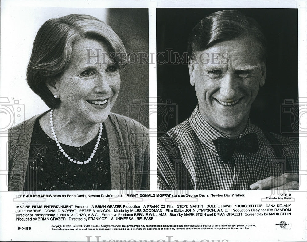 1992 Press Photo Actress Julie Harris, Donald Moffat in &quot;Housesitter&quot; Film - Historic Images