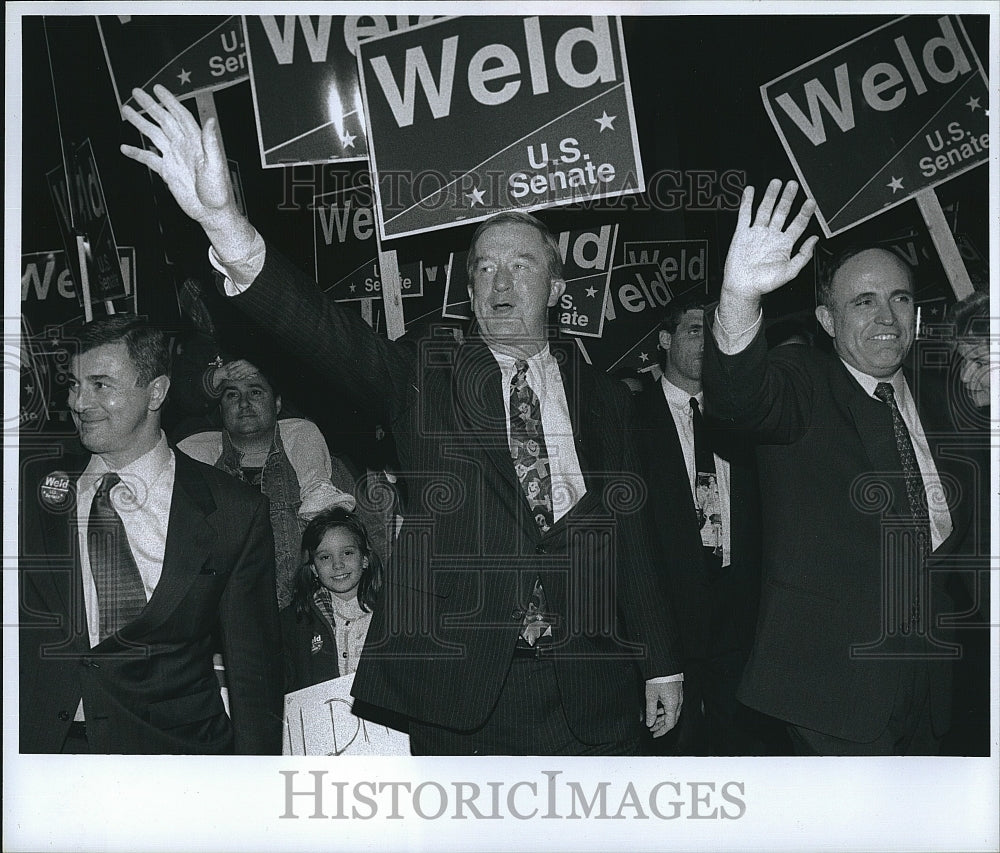 1996 Press Photo Gov Bill weld, Lt Gov Cellucci &amp; NY Mayor Rudolph Guilianni - Historic Images