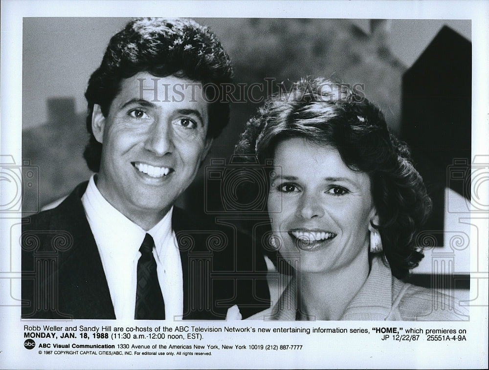 1987 Press Photo Hosts Robb Weller & Sandy Hill on "Home" - Historic Images