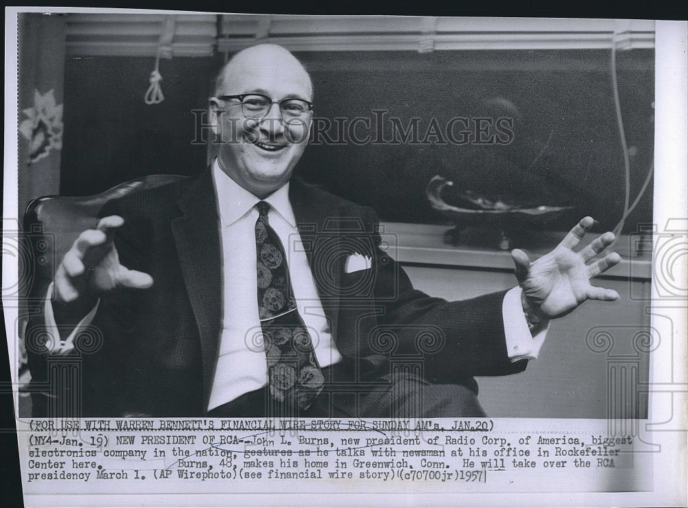 1957 Press Photo John J. Burns President Radio Corp. of America - Historic Images