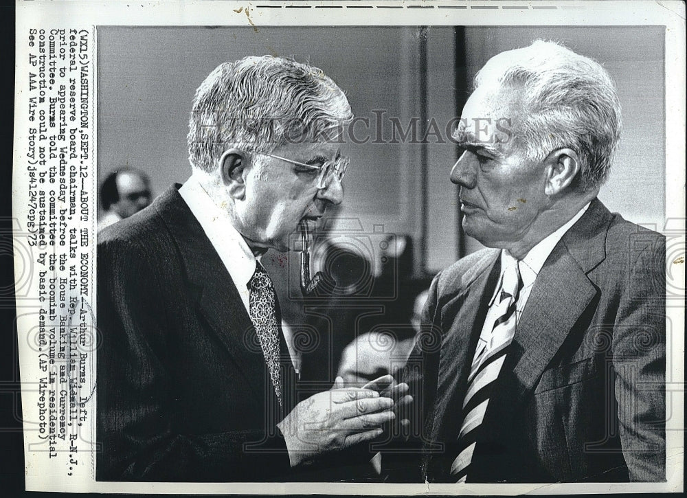 1973 Press Photo Federal Reserve Chairman, Arthur F Burns,Rep Wm Widall - Historic Images