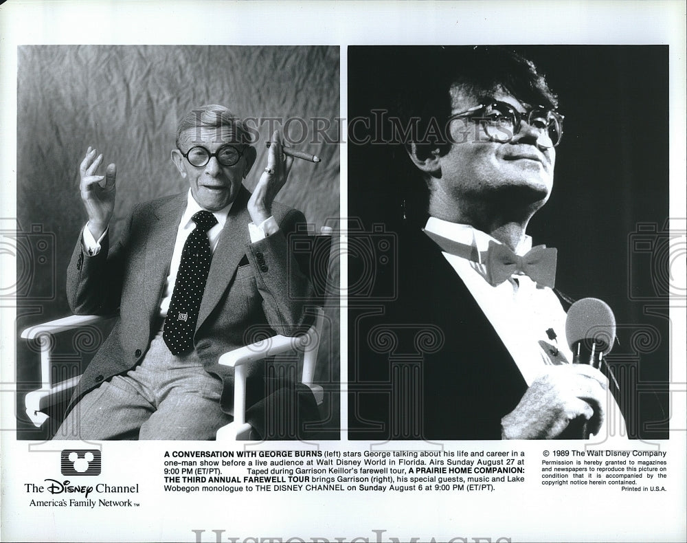 1989 Press Photo Actor/comedian George Burns &amp; Garrison Kelior - Historic Images