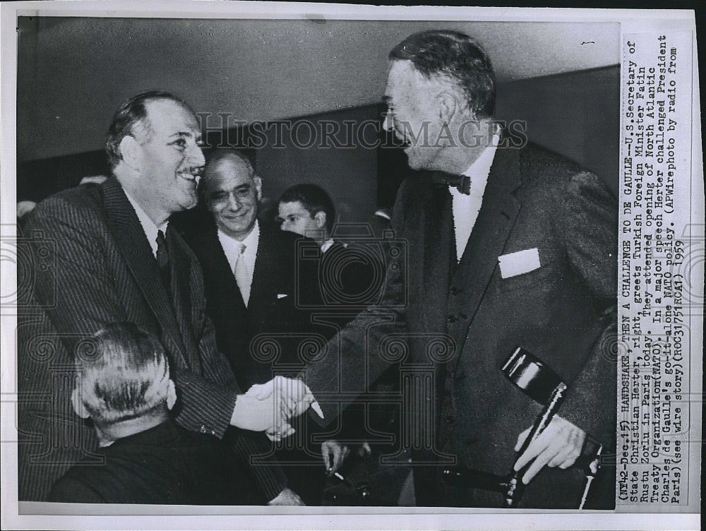 1959 Press Photo US Secretary Of State Christian Herter Greets Turkish Minister - Historic Images