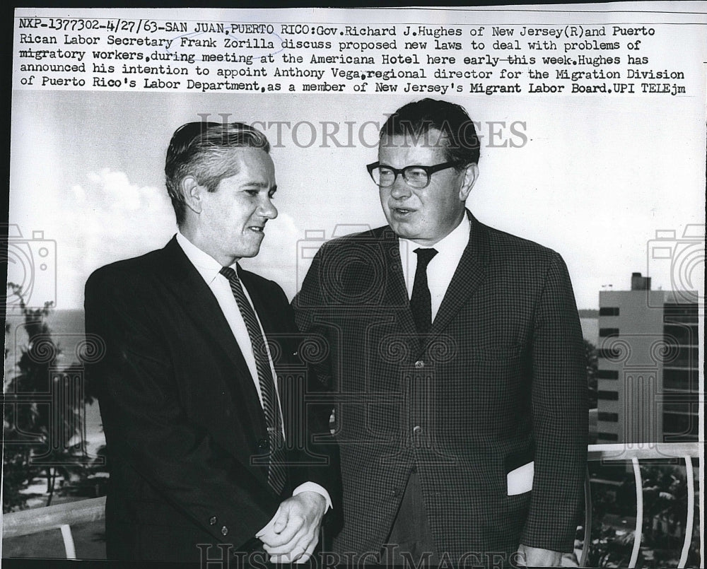 1963 Press Photo Richard Hughes &amp; Frank Zorilla Discuss New Labor Laws - Historic Images