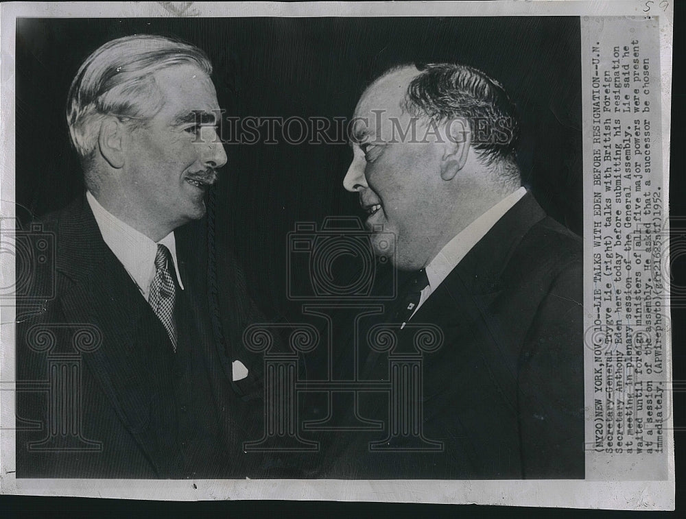 1952 Press Photo UN Sec General Trygve Lie &amp; British Sec. Anthony Eden - Historic Images