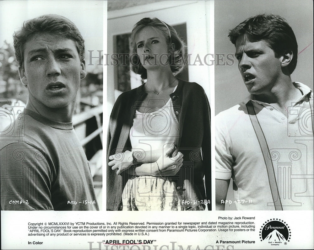 1986 Press Photo &quot;April Fool&#39;s Day&quot;Jay Baker, Deborah Foreman,Griffin O&#39;neal - Historic Images